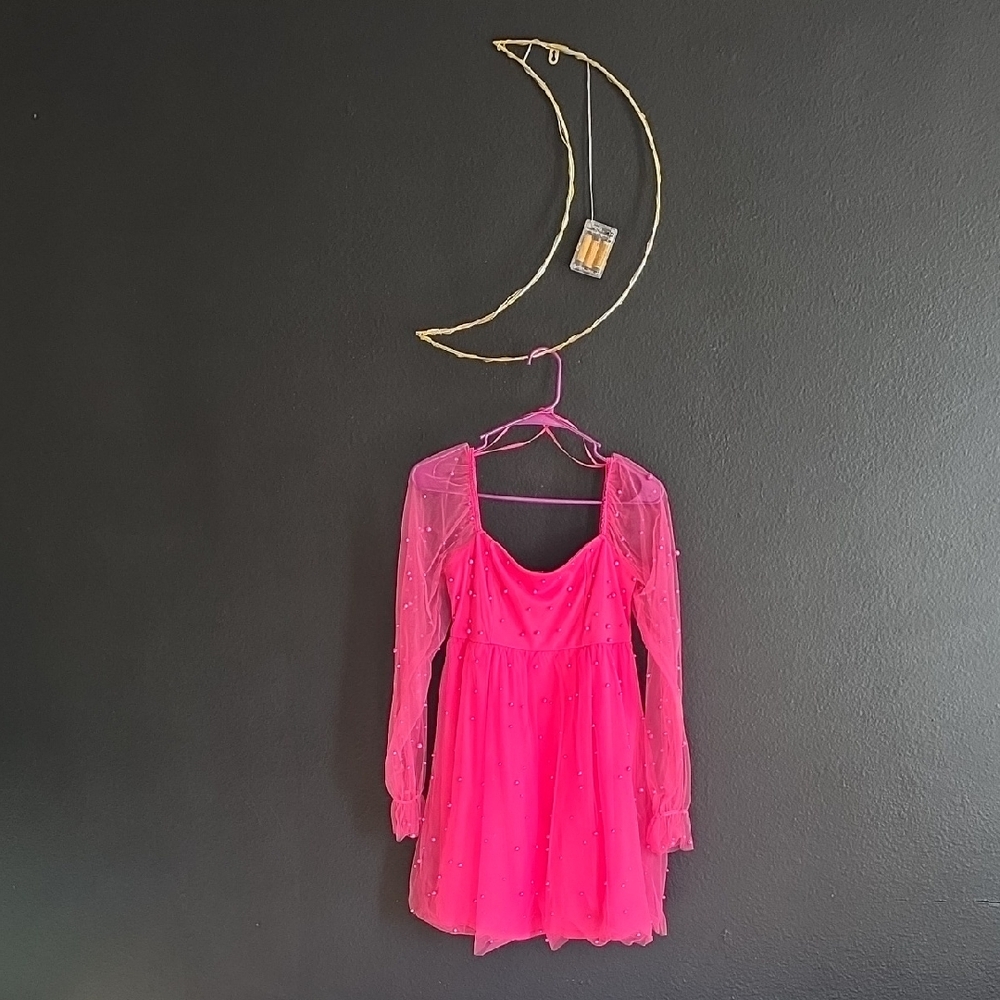 Vibrant Pink Mini Dress with Sheer Sleeves